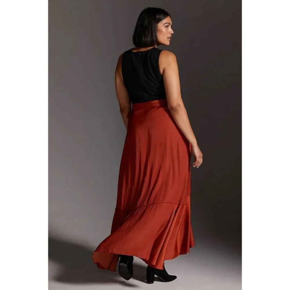 Anthropologie Maeve Ruffled Wrap Maxi Skirt Dark Orange Size 1X NWT